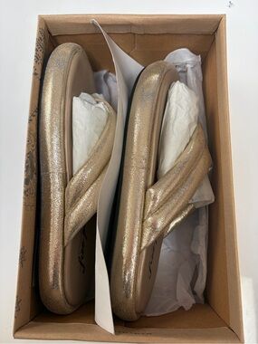 #671 Free People Wonderland  Metallic Gold Thong Slide Sandals